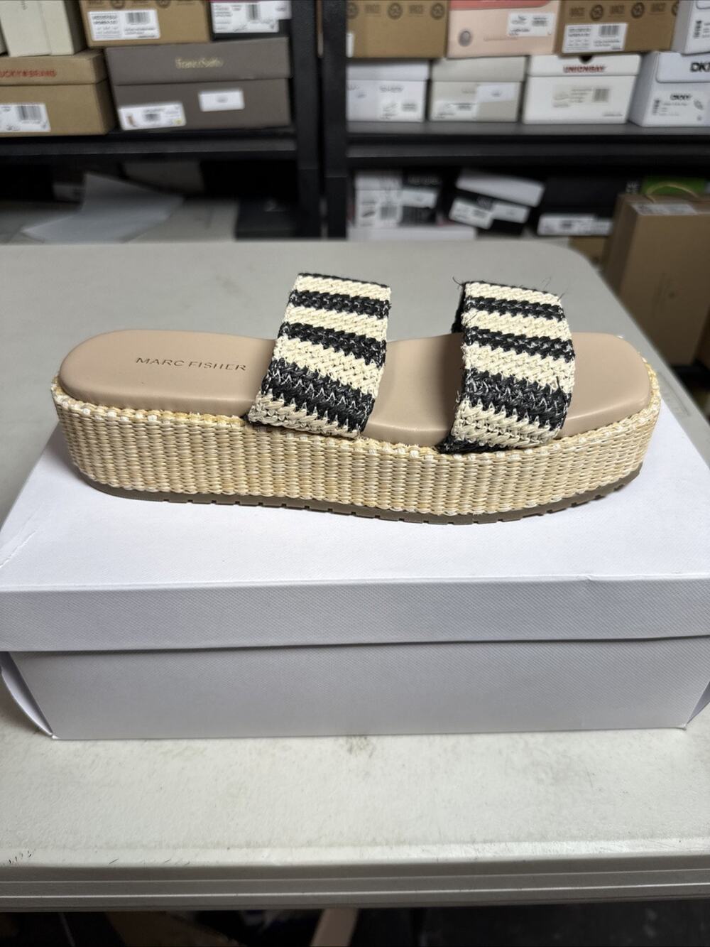 Women's 10 Marc Fisher Pelma Sandal, Black Stripe Multi 001 NWB